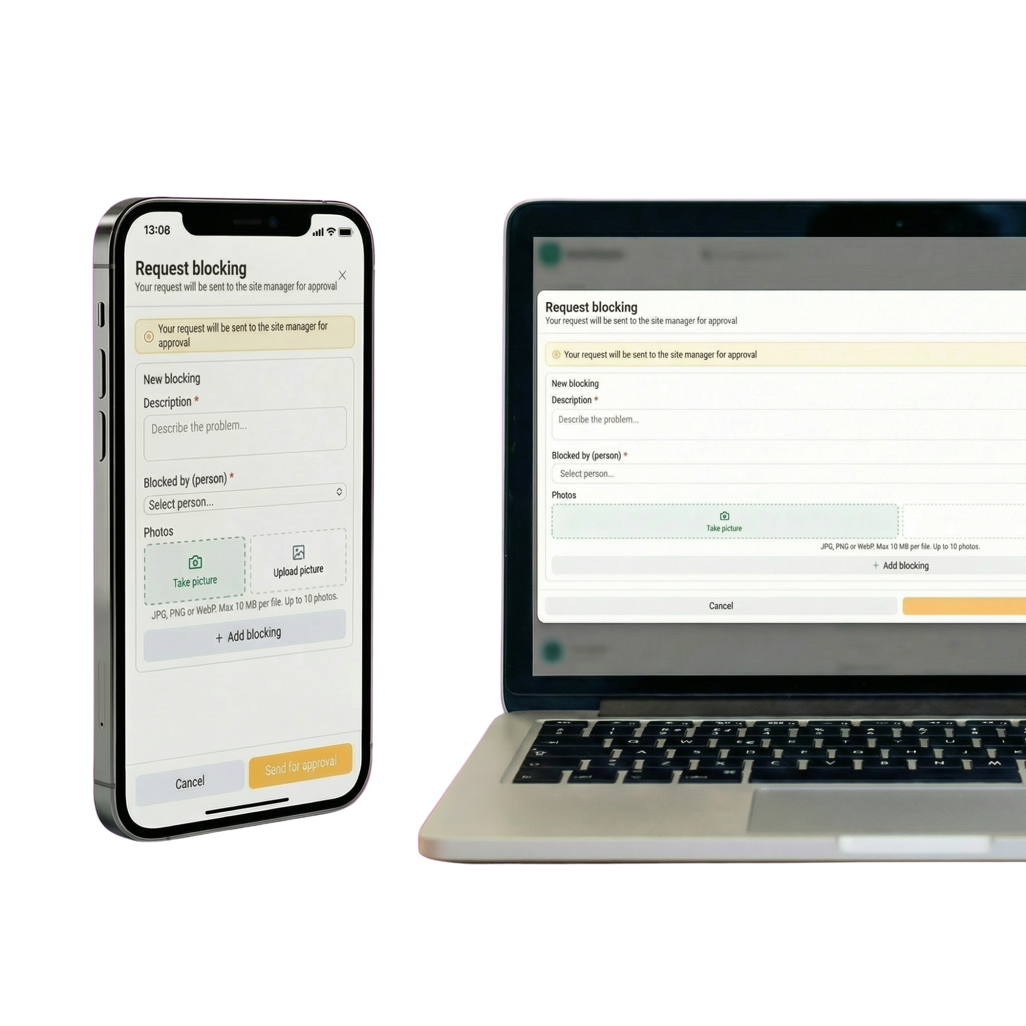Blokeringsdokumentation med foto-bevis og godkendelsesflow