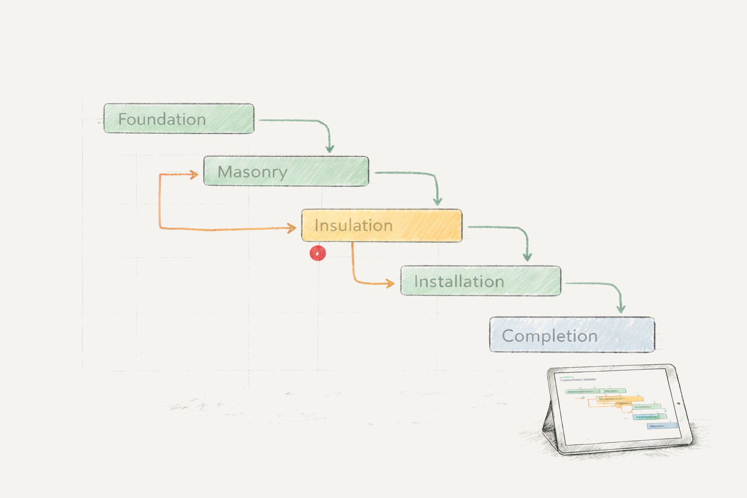 Gantt diagram med opgave-afhængigheder og blokerings-indikation