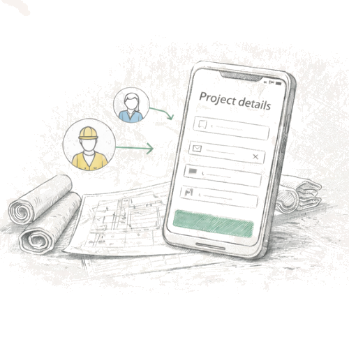 Projekt detaljer formular med tegninger og byggeplads kommunikation