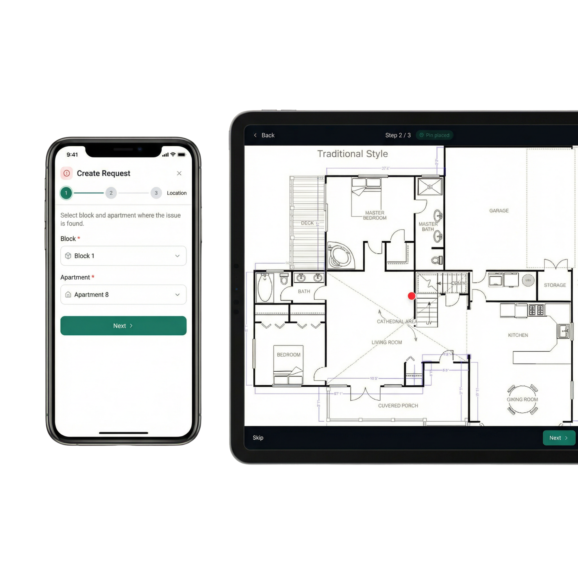 Kvalitetskontrol med mangler markeret på plantegning
