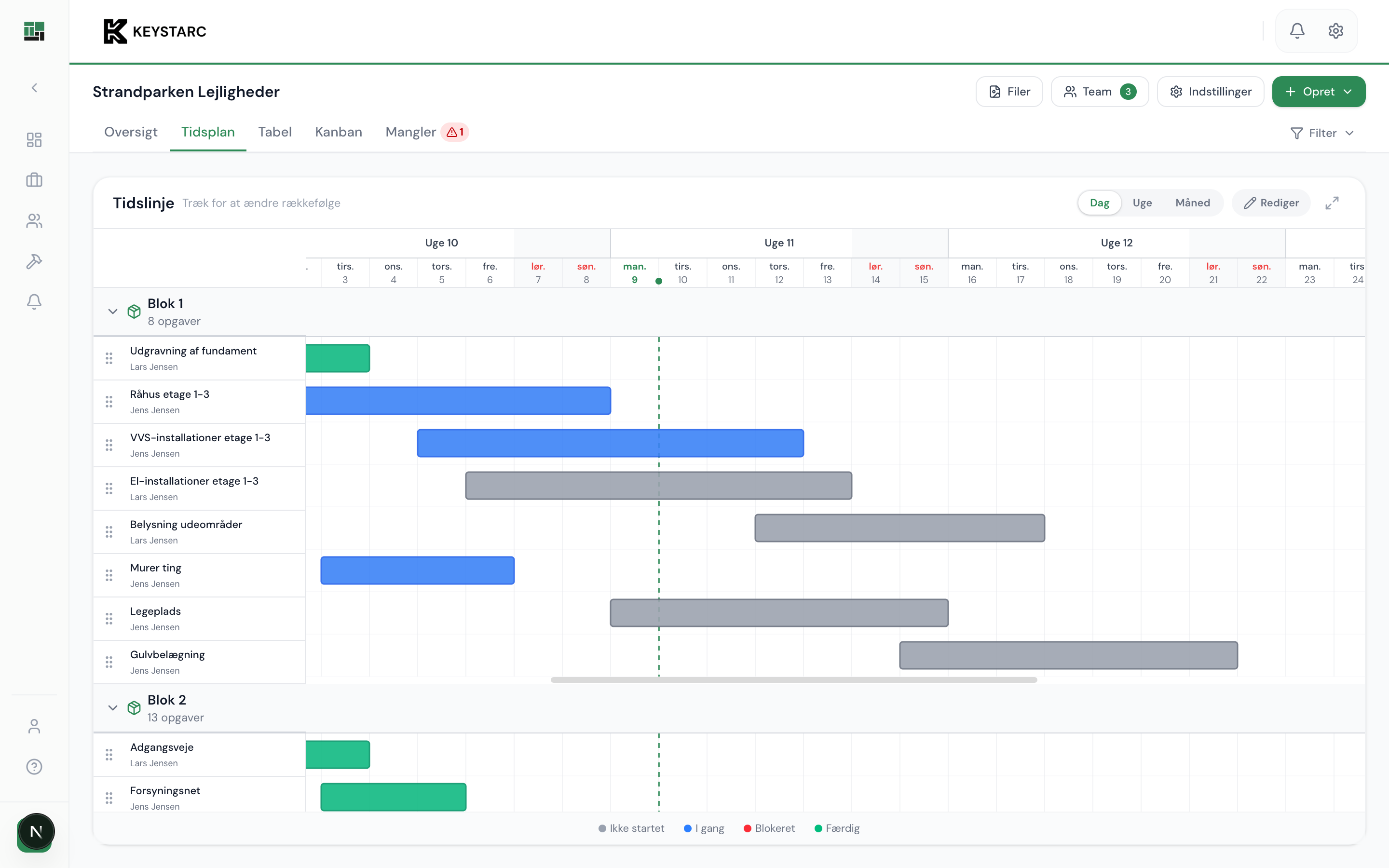 BuildCoord Tidsplan med Gantt-diagram der viser opgaver fordelt på blokke med uge-visning og status-farver